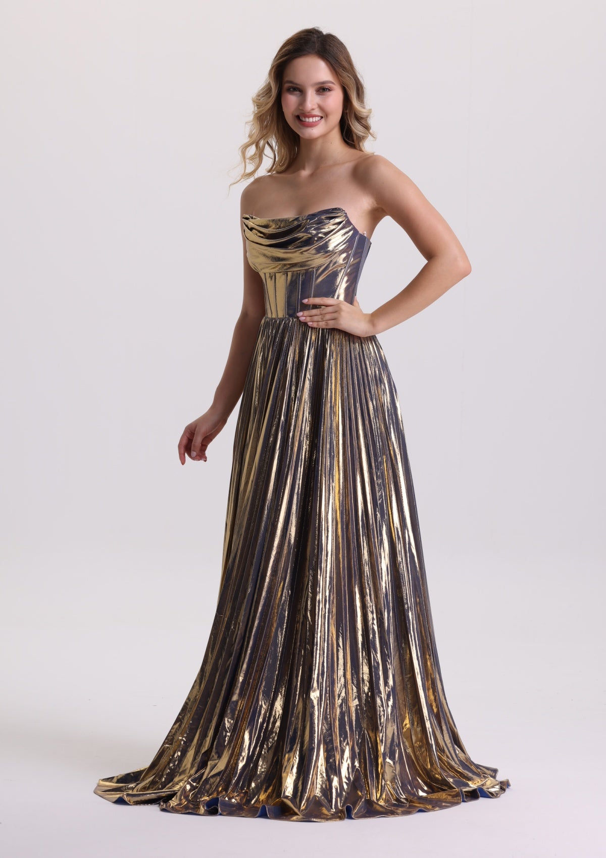 Metallic Sleeveless Pleated Corset Prom Dress with Train