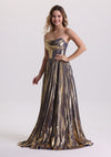 Metallic Sleeveless Pleated Corset Prom Dress with Train