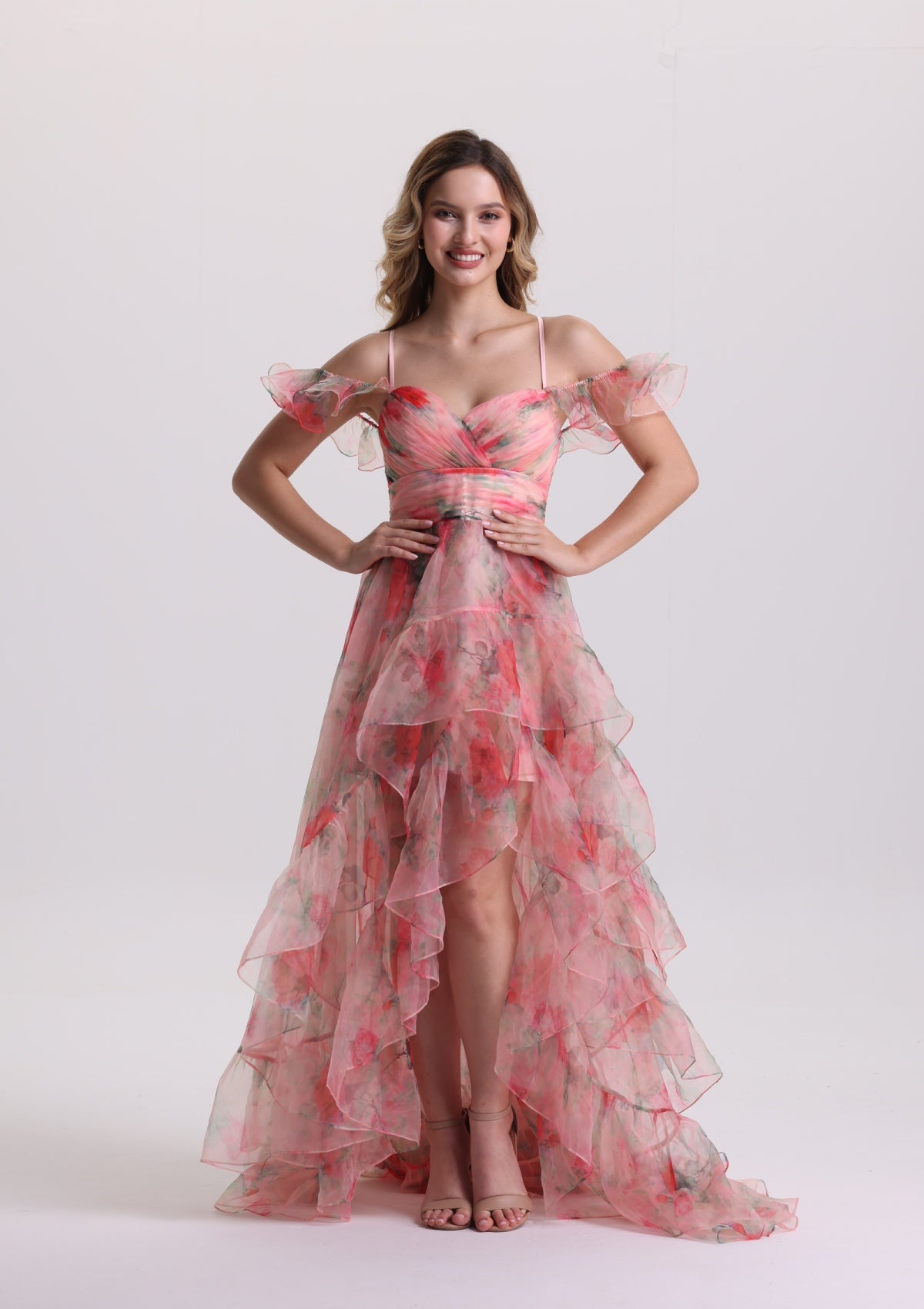 Romantic Floral Print Tiered Tulle Prom Dress with Train