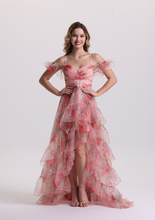 Romantic Floral Print Tiered Tulle Prom Dress with Train