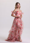 Romantic Floral Print Tiered Tulle Prom Dress with Train