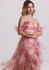 Romantic Floral Print Tiered Tulle Prom Dress with Train