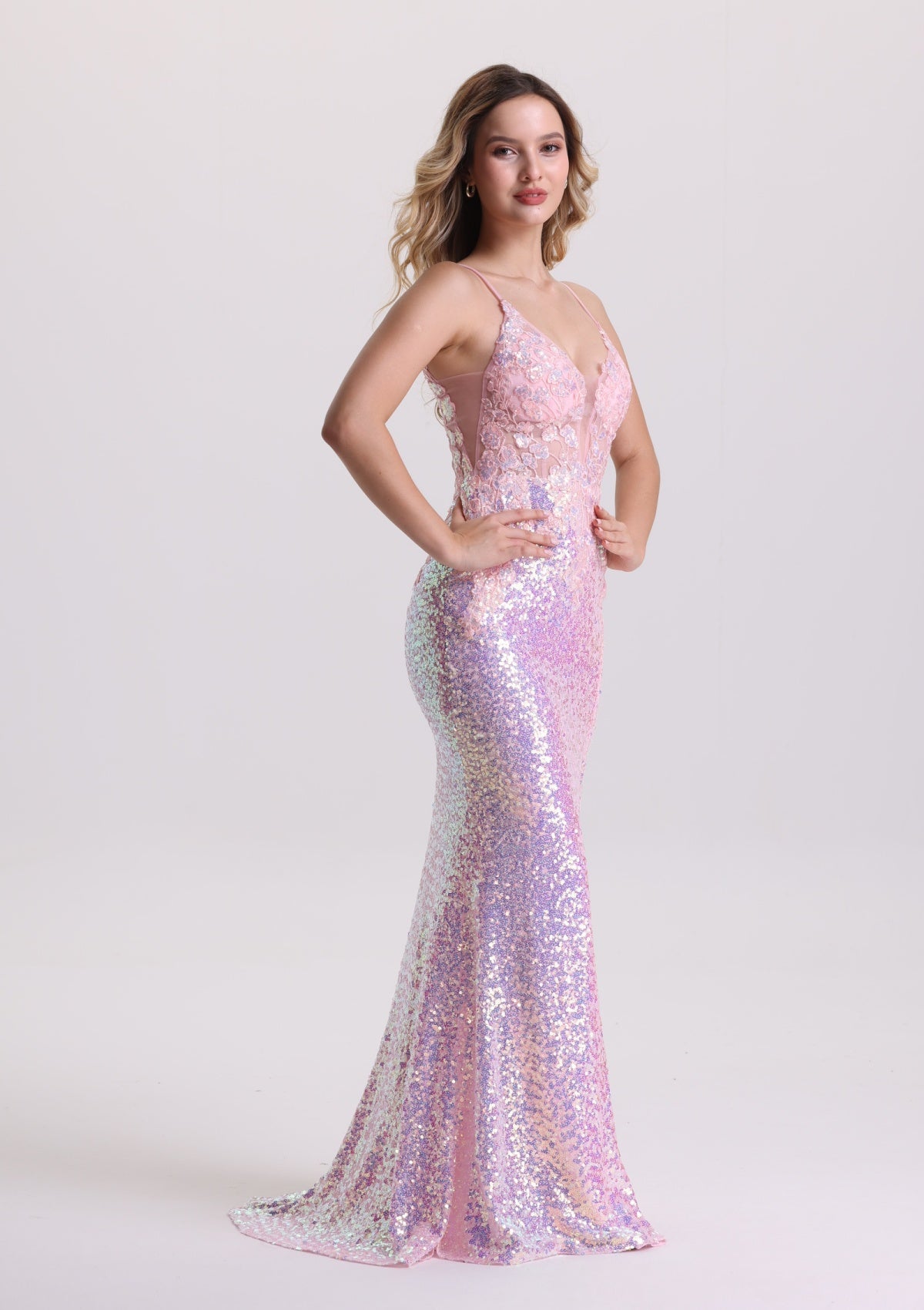 Mermaid Sleeveless Sequin Appliques Prom Dress with Slit