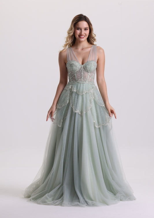 Dreamy Spaghetti Strap Corest Sequin Layered Tulle Prom Dress