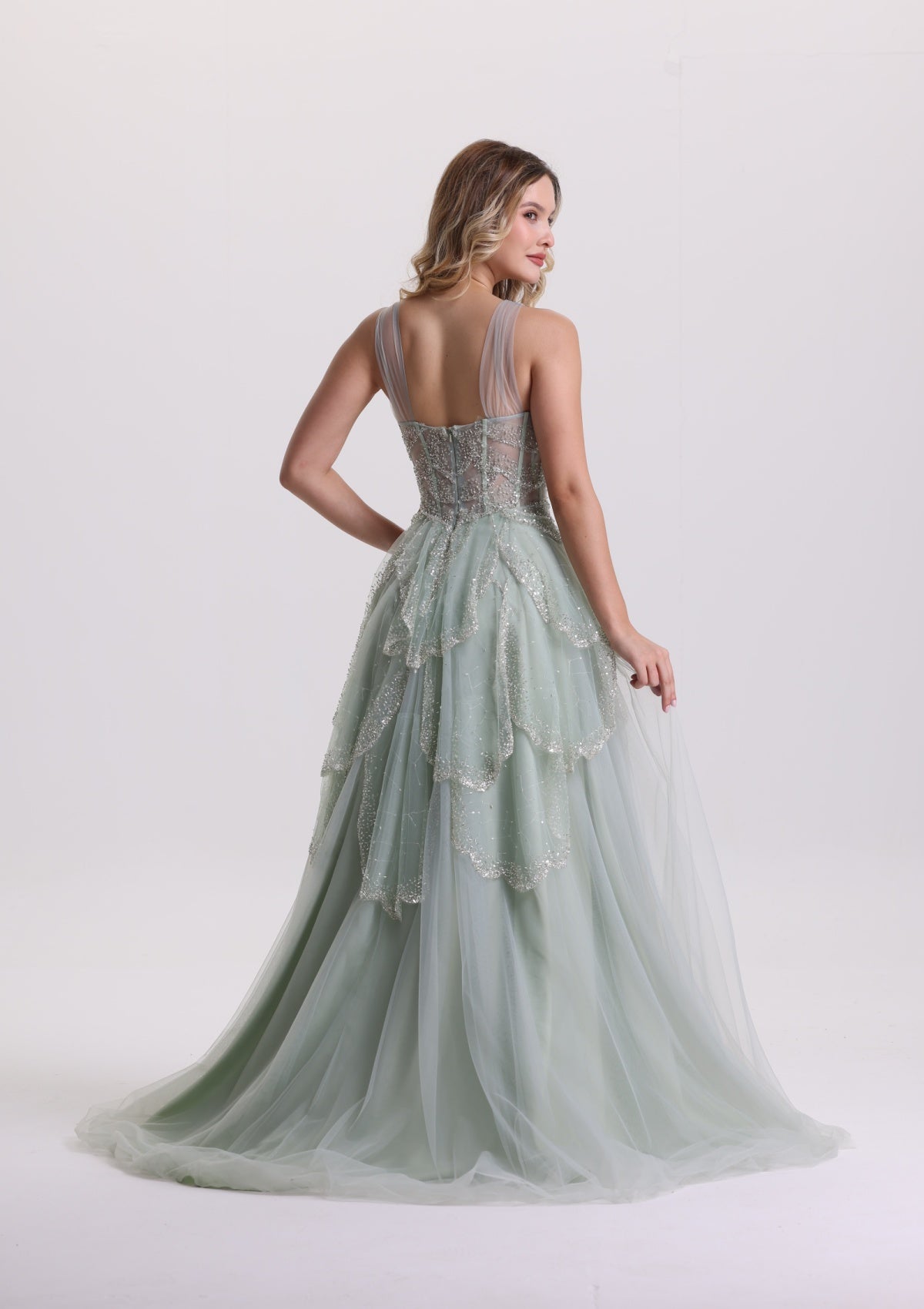 Dreamy Spaghetti Strap Corest Sequin Layered Tulle Prom Dress